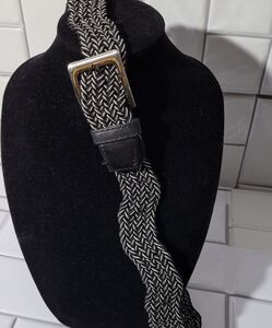 GELANTE Mens Woven Canvas Stretch Belt Black White Silver Buckle 